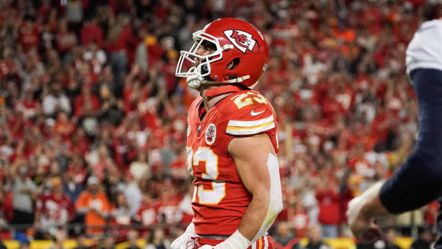 Oct 12, 2023; Kansas City, Missouri, USA; Kansas City Chiefs linebacker Drue Tranquill (23) celebrates after a play against the Denver Broncos during the game at GEHA Field at Arrowhead Stadium. Mandatory Credit: Denny Medley-USA TODAY Sports  